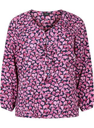 Bedrukte blouse met ruches, Navy Purple AOP, Packshot image number 0