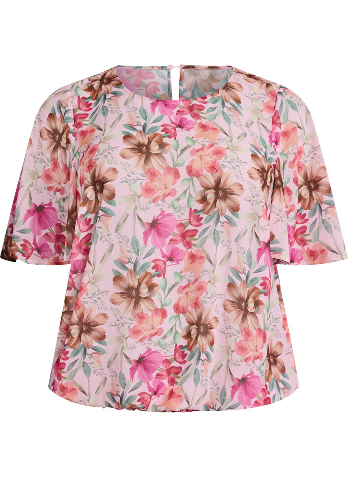 Blouse fleurie &agrave; manches courtes et smocks, Rose, Packshot image number 0
