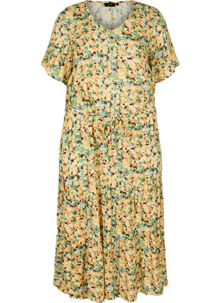 Midi-jurk met korte mouwen in viscose, Yellow Summer AOP, Packshot image number 0