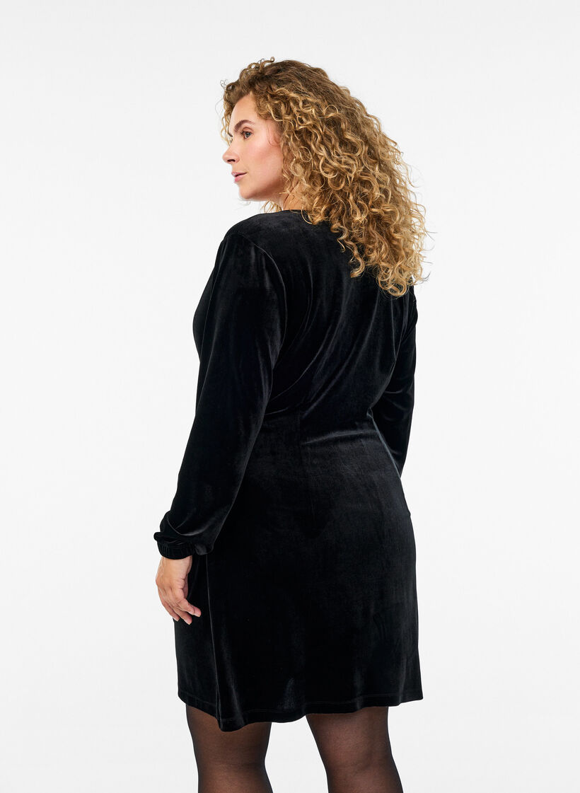 Robe courte en velours avec effet portefeuille, Noir, Model