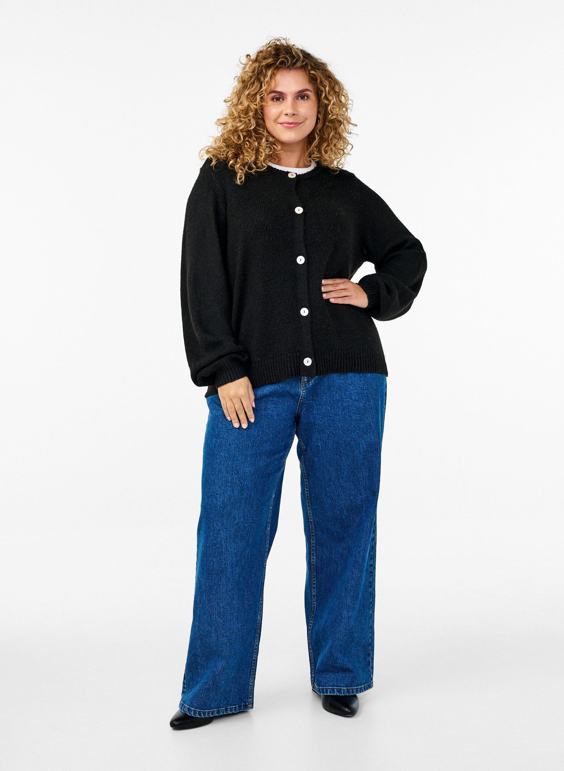 ZizziGebreide cardigan met wol en knoopsluiting, Black Solid, Model image number 2