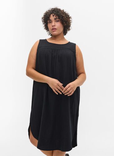 Mouwloze katoenen jurk met a-lijn, Black, Model image number 0