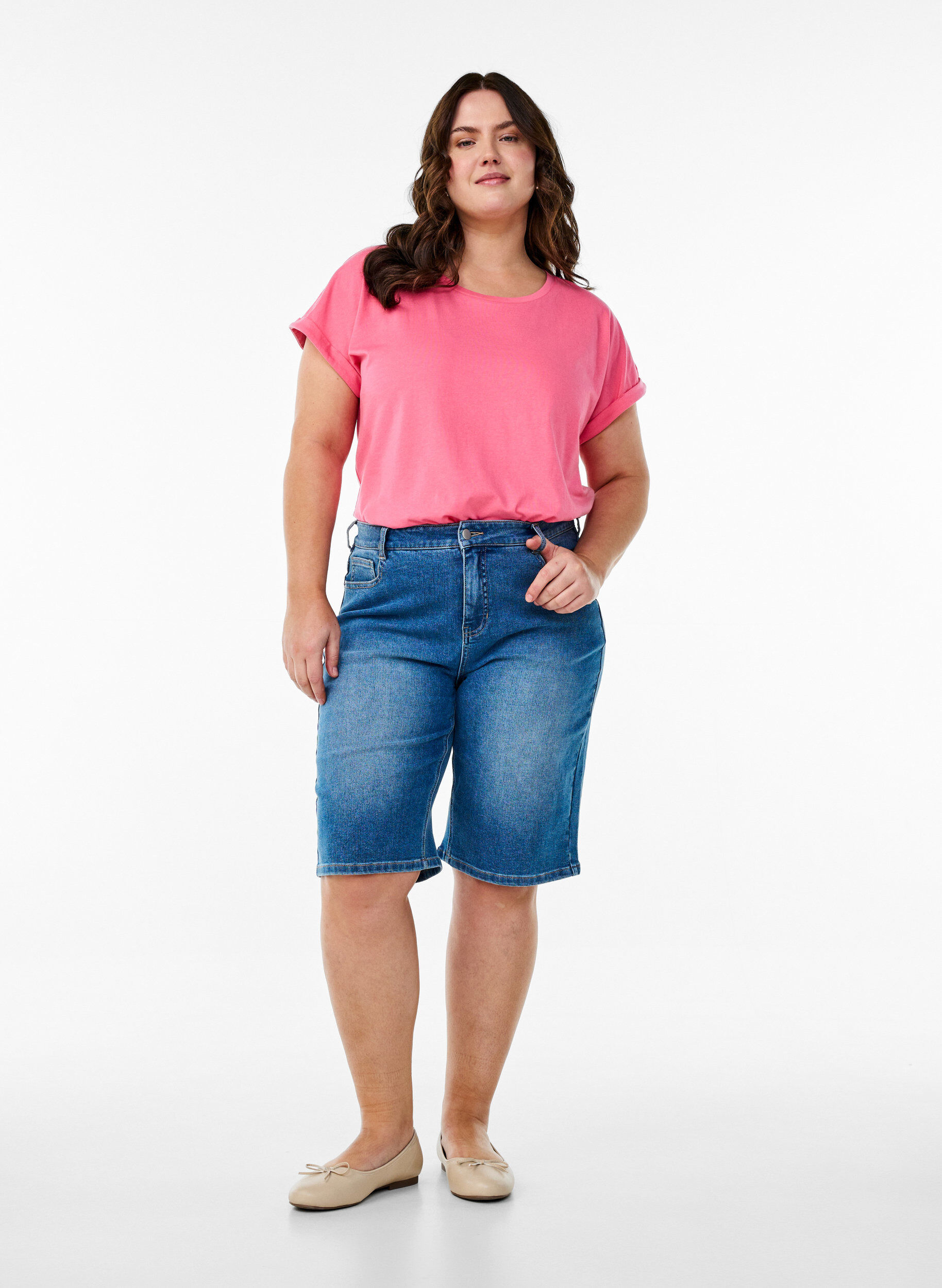 Zizzi T-shirt &agrave; manches courtes en coton m&eacute;lang&eacute;, Rose, Model image number 1