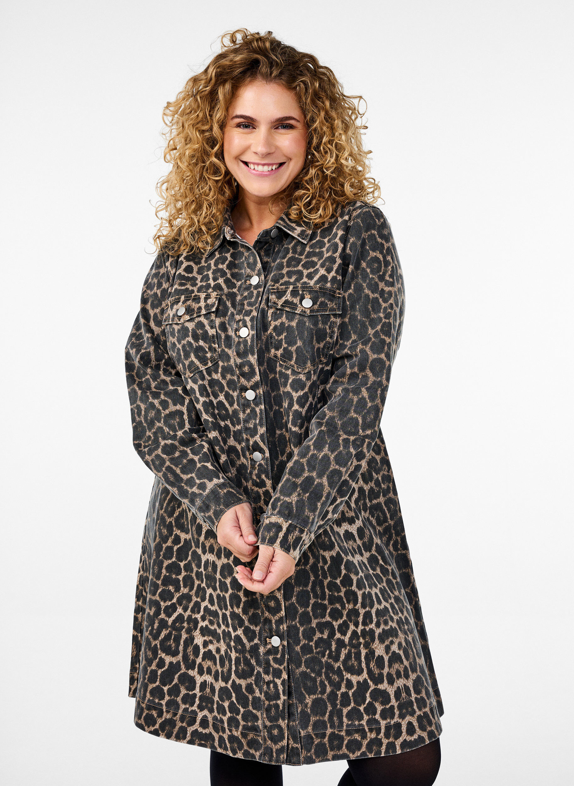 ZizziDenim jurk met lange mouwen en luipaardprint, Bruin, Model image number 0