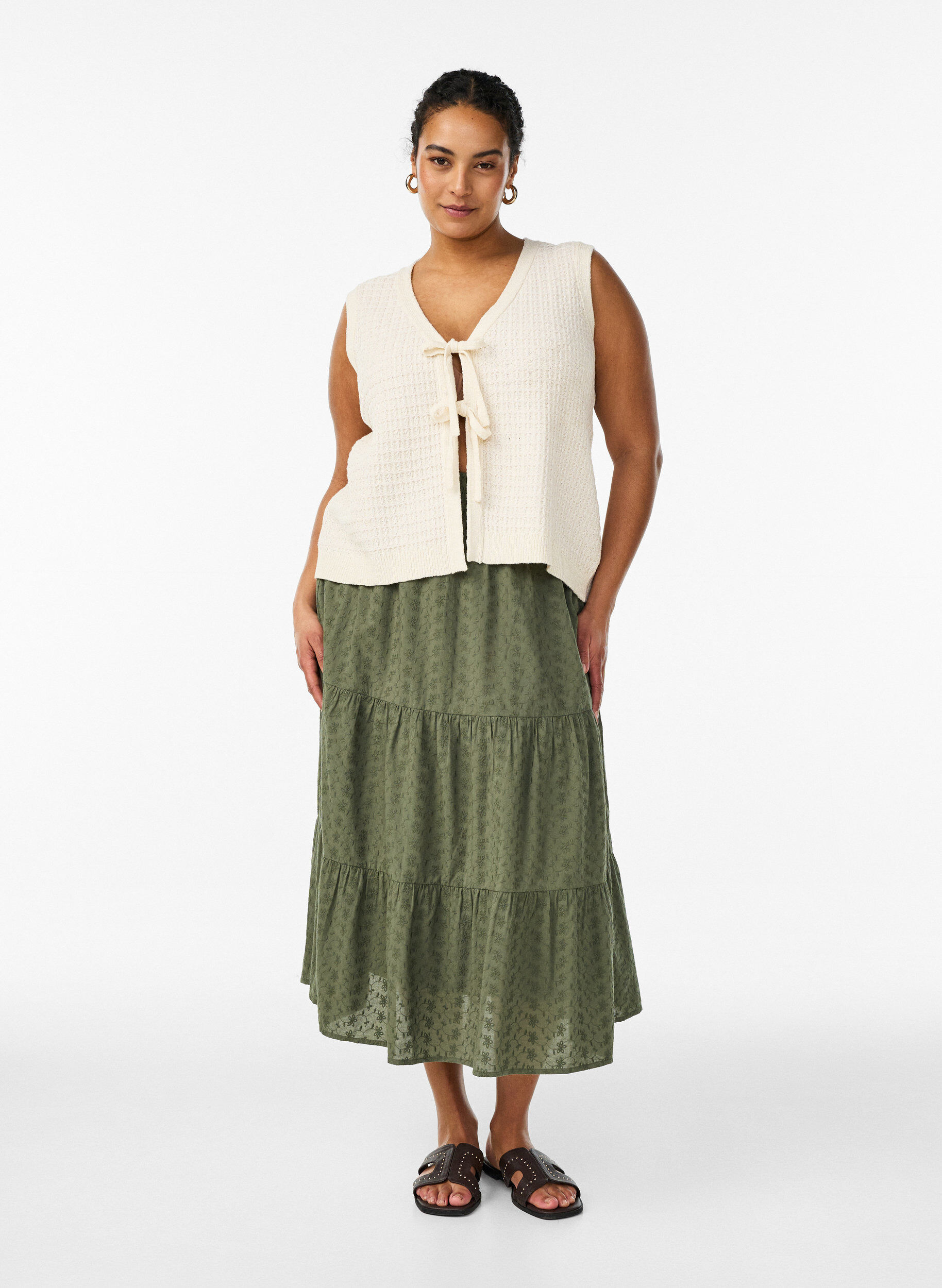 ZizziEnkellange katoenen rok met gesmokte taille, Groen, Model image number 0