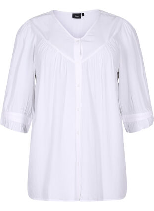 Viscose blouse met 3/4 mouwen en ruches, Bright White, Packshot image number 0