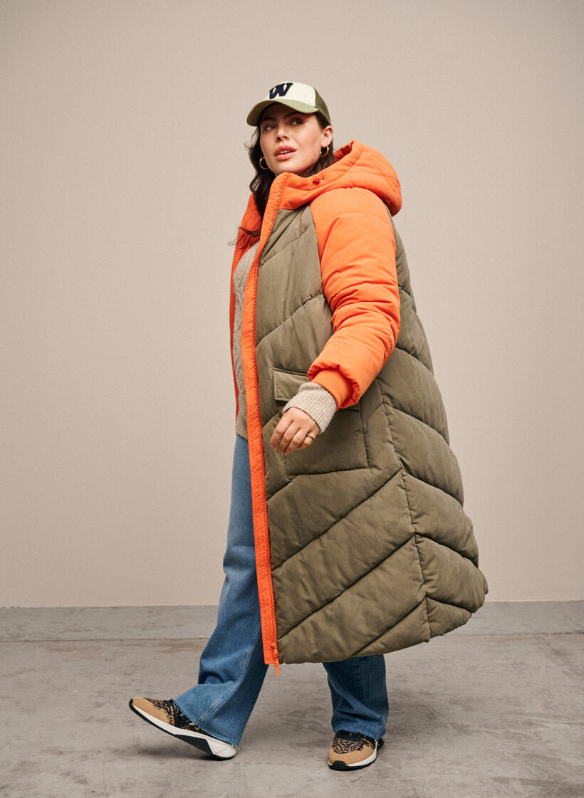 Veste d'hiver longue à capuche avec blocs de couleurs, Bungee Cord Comb, Image
