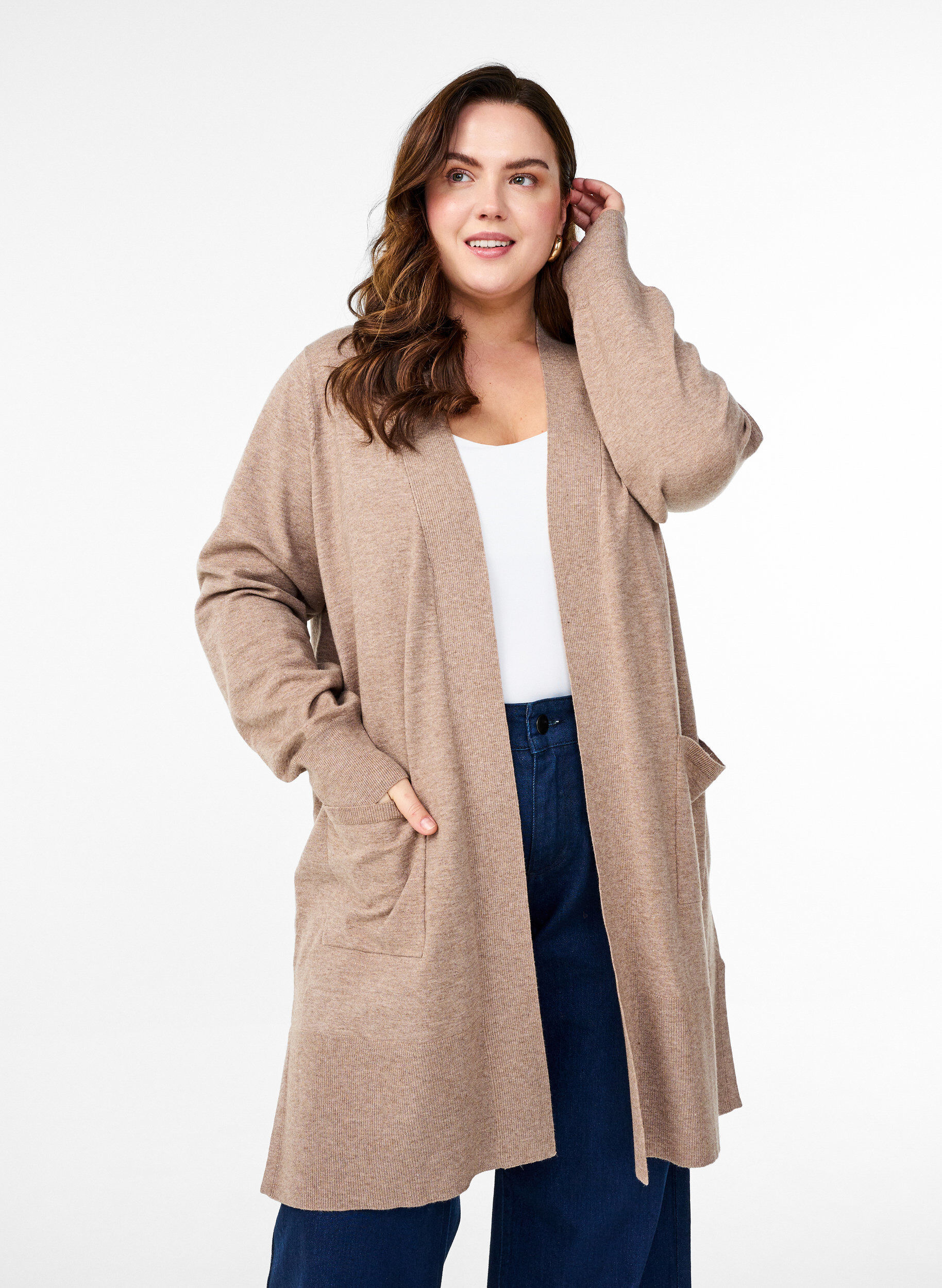 Zizzi Long cardigan en tricot avec des poches, Fossil w. TNT Mel. , Model image number 0