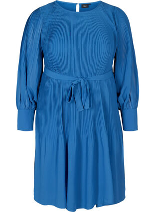 Robe manches longues plissée avec lien de serrage à la taille, Classic Blue , Packshot image number 0