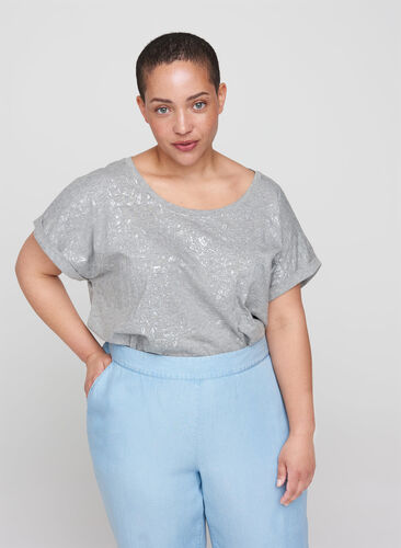 T-shirt met korte mouwen en ton-sur-ton print, Light Grey Melange, Model image number 0