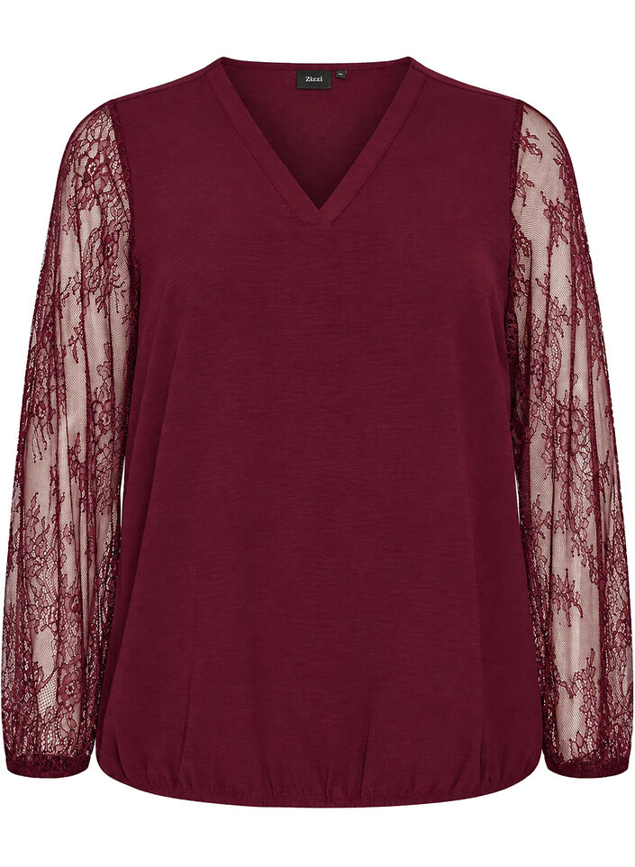 Blouse met kanten mouwen en ballonvorm, Rood, Packshot image number 0
