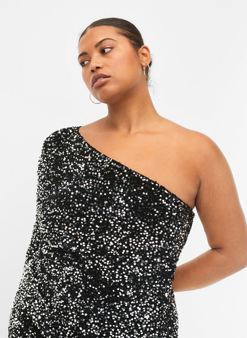 Korte one-shoulder jurk met pailletten, Black/Silver Sequins, Model image number 2