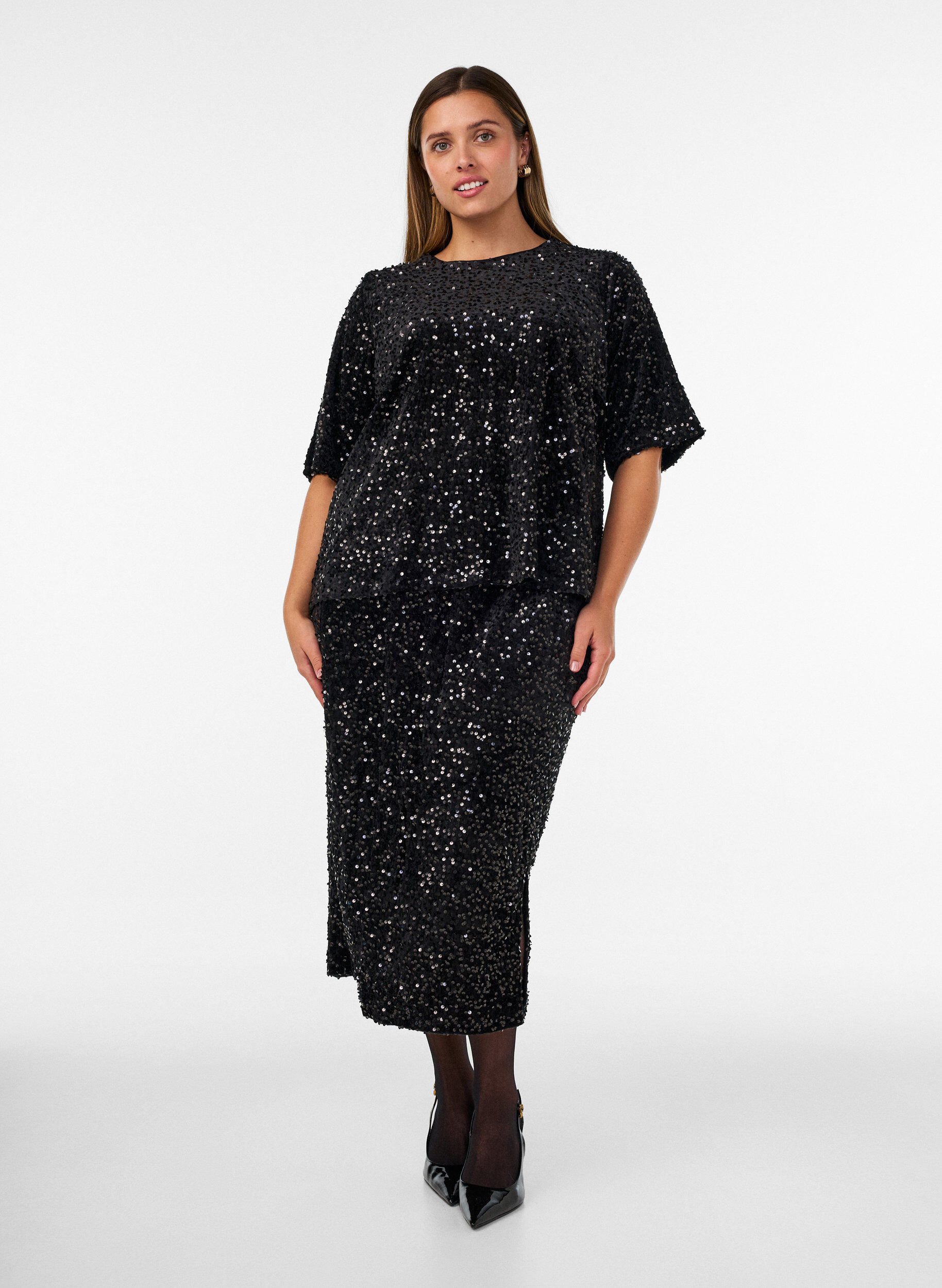 ZizziBlouse en sequins avec manches au coude, Noir, Model image number 1
