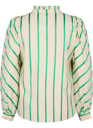 Katoenen overhemdblouse met strepen en kraag met ruches, Beige Green Stripe, Packshot image number 1