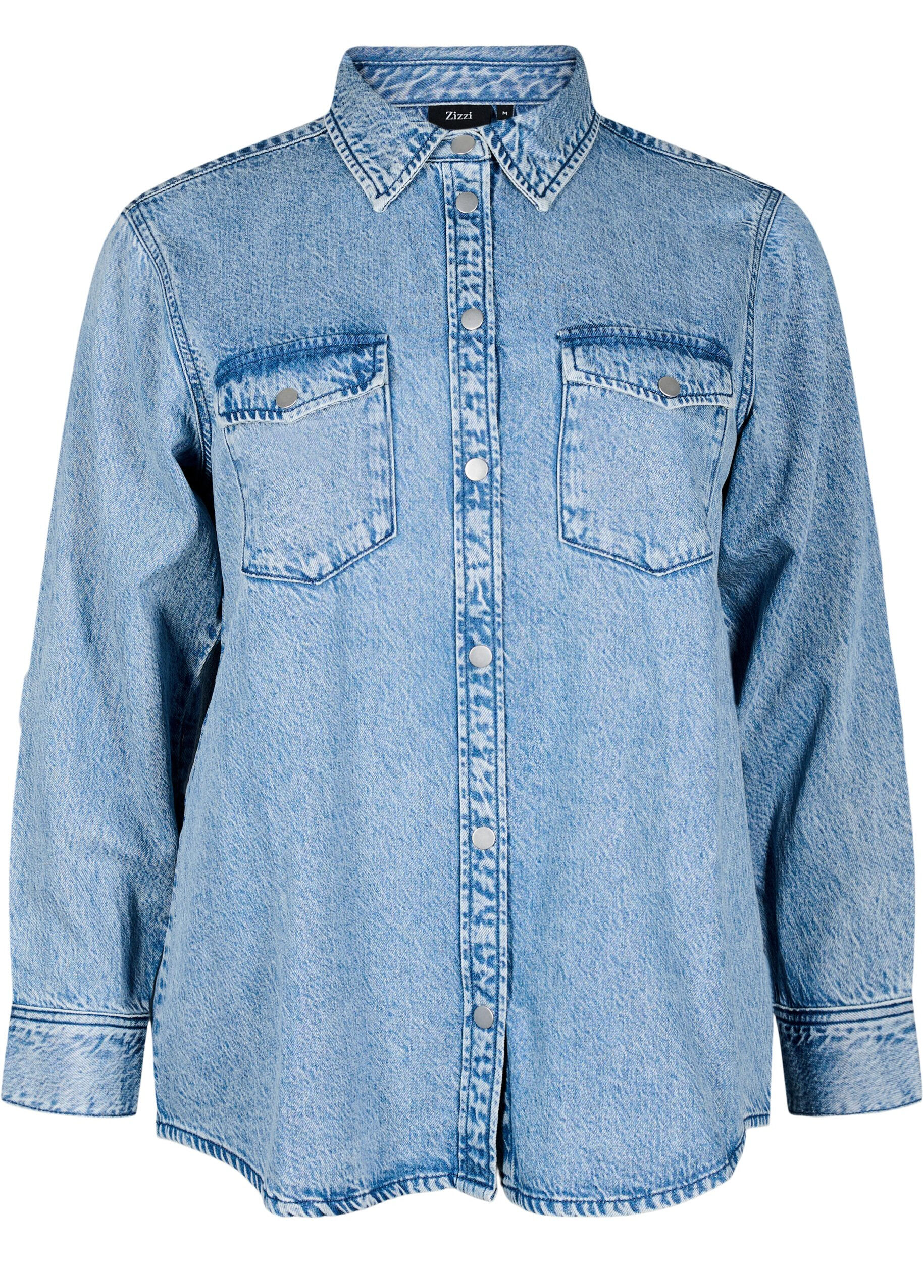 Zizzi Chemise en jean avec poches de poitrine, Bleu Clair, Packshot image number 0