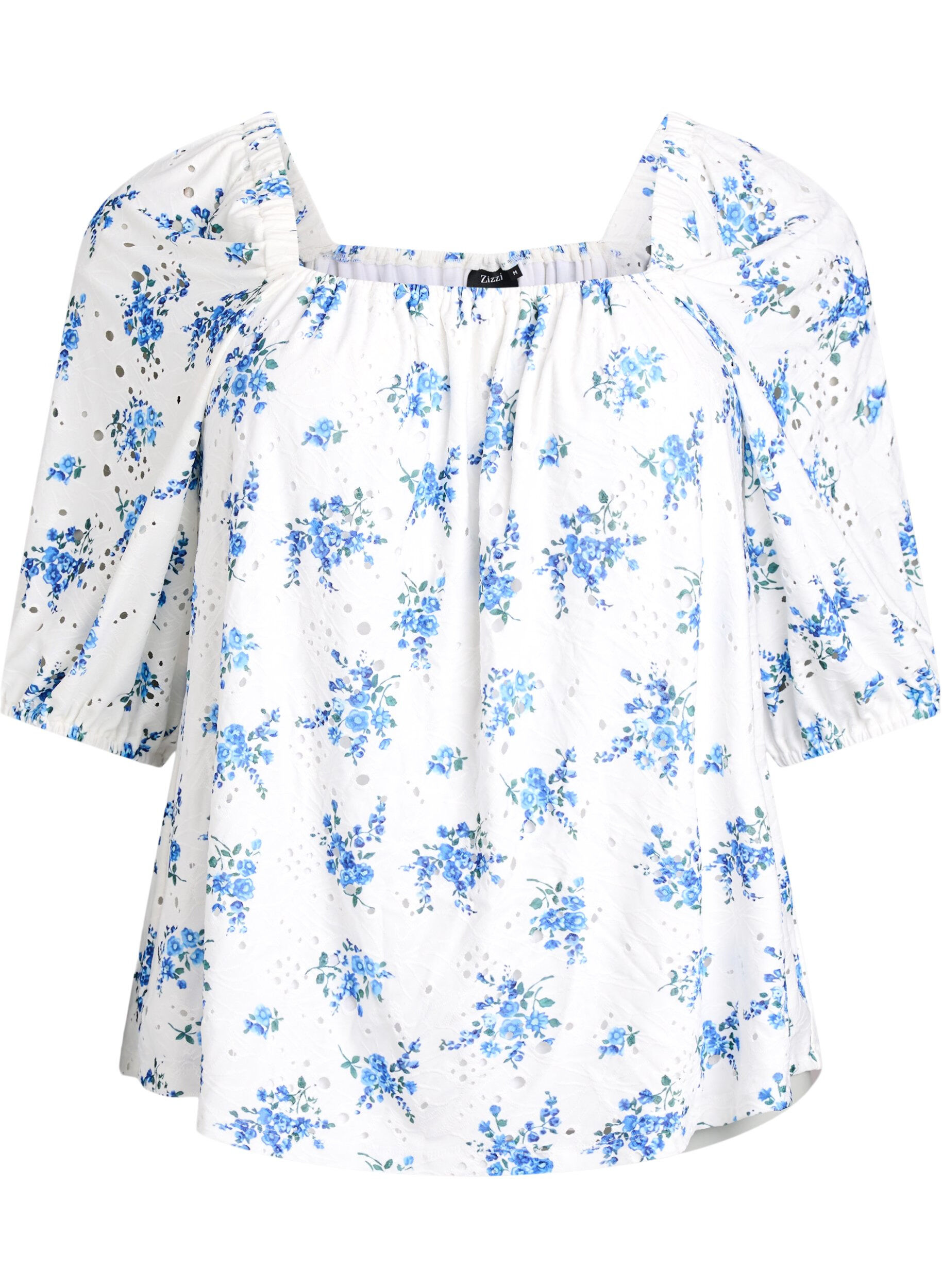 ZizziBloemenblouse met een vierkante halslijn en ajourborduursel, Wit, Packshot image number 0