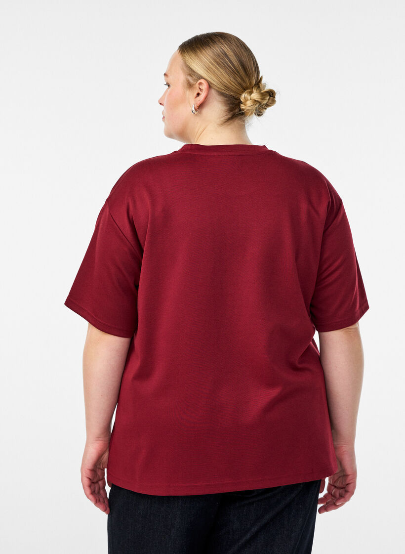 T-shirt met strass-steentjes en ronde hals, Donker Bordeaux, Model image number 2