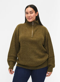 FLASH - Pull en tricot avec col haut et fermeture éclair, Dark Olive Mel., Model