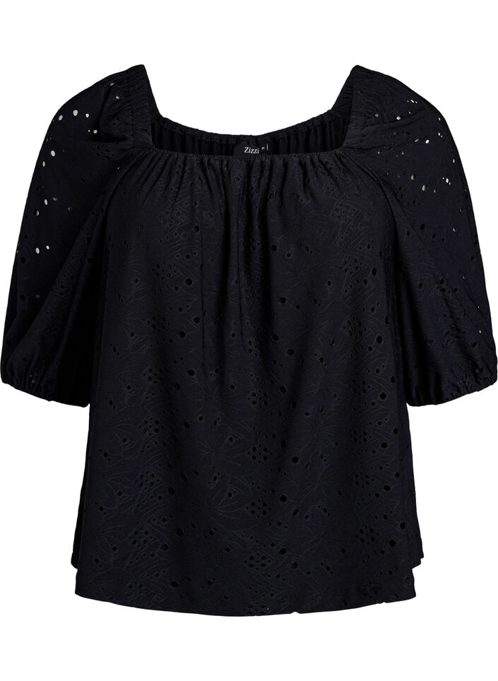 Blouse &agrave; manches courtes bouffantes et motif ajour&eacute;, Noir, Packshot image number 0