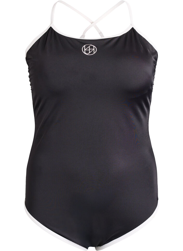 Sportbadpak met contrastbies en gekruiste bandjes, Zwart, Packshot image number 0