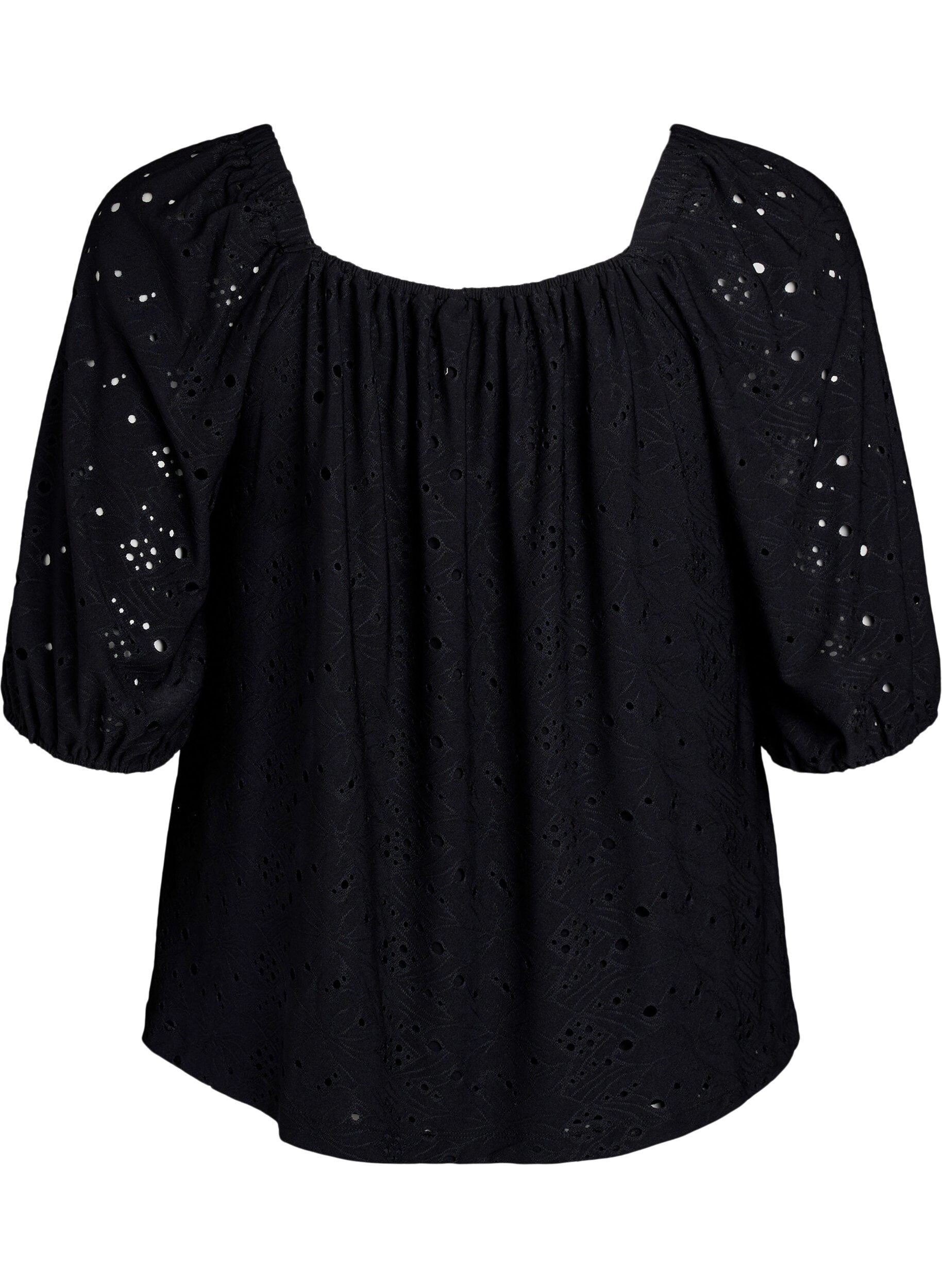 ZizziBlouse &agrave; manches courtes bouffantes et motif ajour&eacute;, Noir, Packshot image number 1