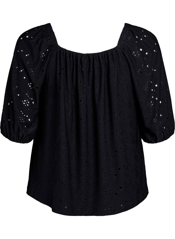 Blouse &agrave; manches courtes bouffantes et motif ajour&eacute;, Noir, Packshot image number 1