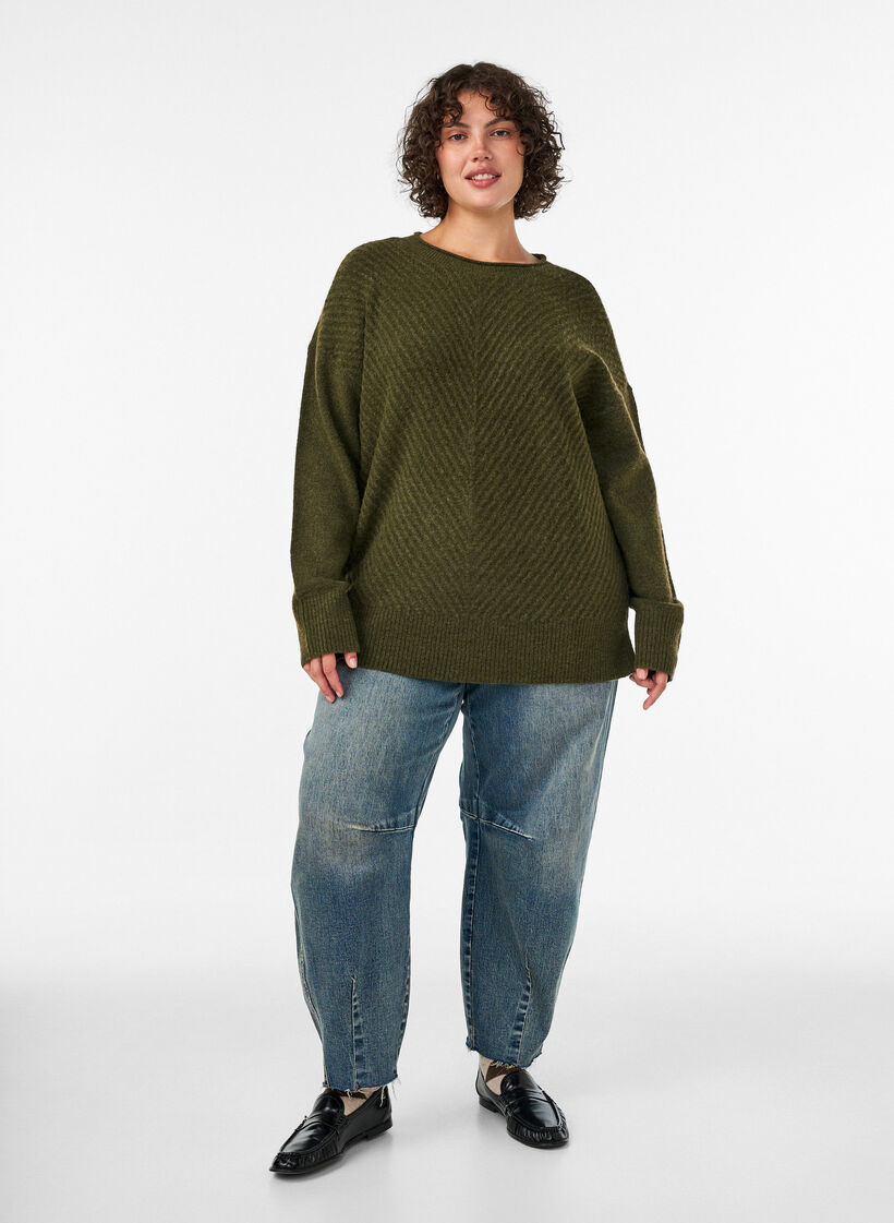 Gebreide blouse met V-vormig geribd patroon en zijsplitjes, Groen, Model image number 1