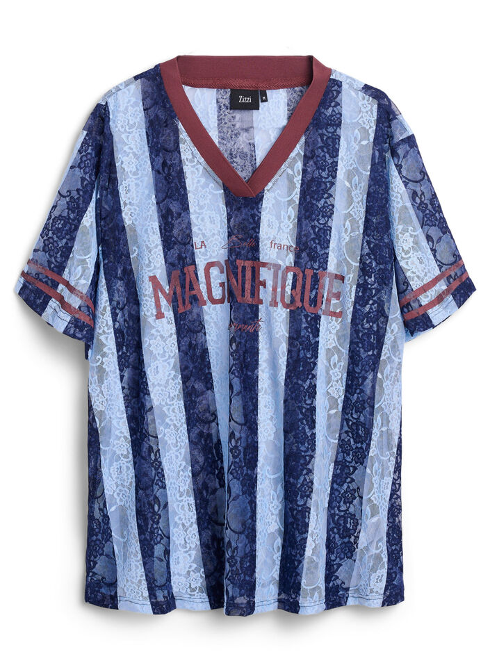 Gestreepte kanten blouse met opvallende print, Blauw, Packshot image number 0