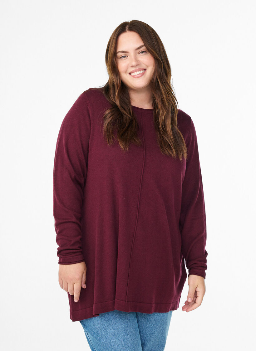 Blouse tricot&eacute;e en m&eacute;lange coton-viscose, Bordeaux fonc&eacute;, Model image number 0