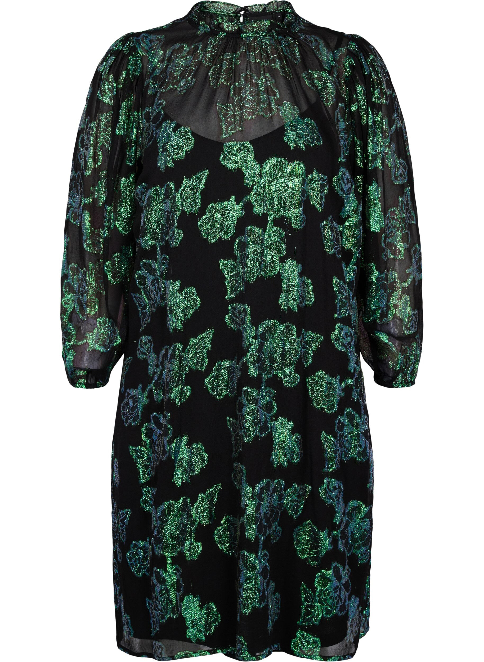 Zizzi Robe en viscose &agrave; fleurs avec structure en lurex, Black w. Green Lurex, Packshot image number 0
