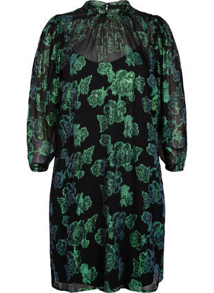 Robe en viscose à fleurs avec structure en lurex, Black w. Green Lurex, Packshot image number 0