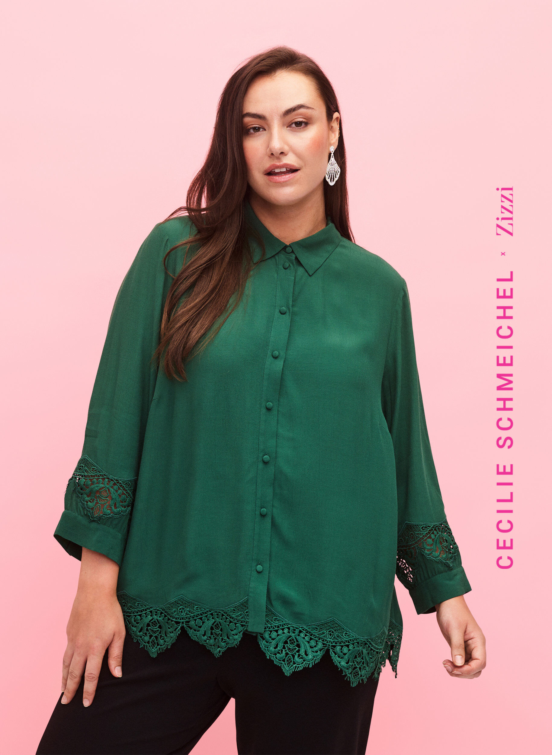 ZizziViscose shirt met 3/4 mouwen en borduurdetails, Hunter Green, Model image number 0