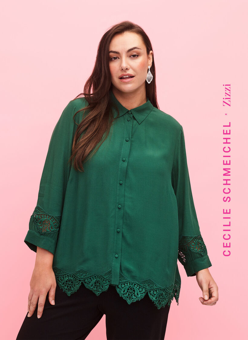 Viscose shirt met 3/4 mouwen en borduurdetails, Hunter Green, Model image number 0