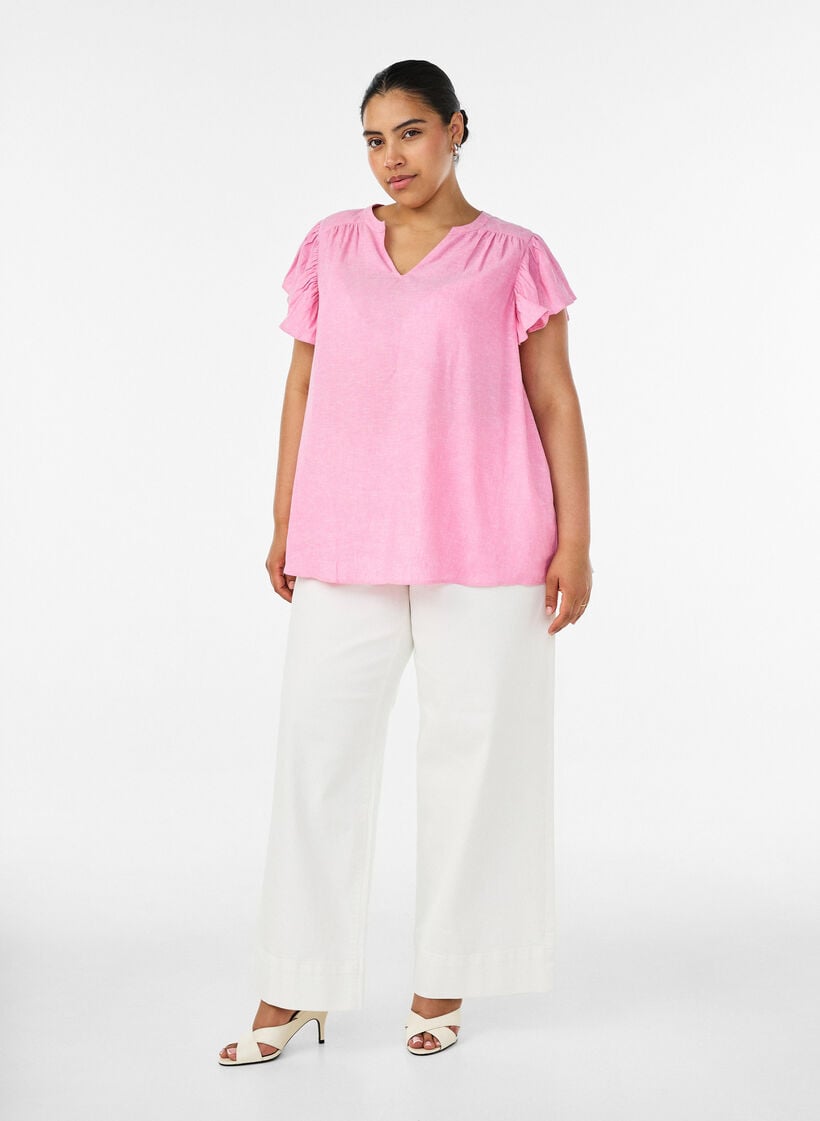 Blouse en viscose et lin avec manches &agrave; volants, Rose, Model image number 1
