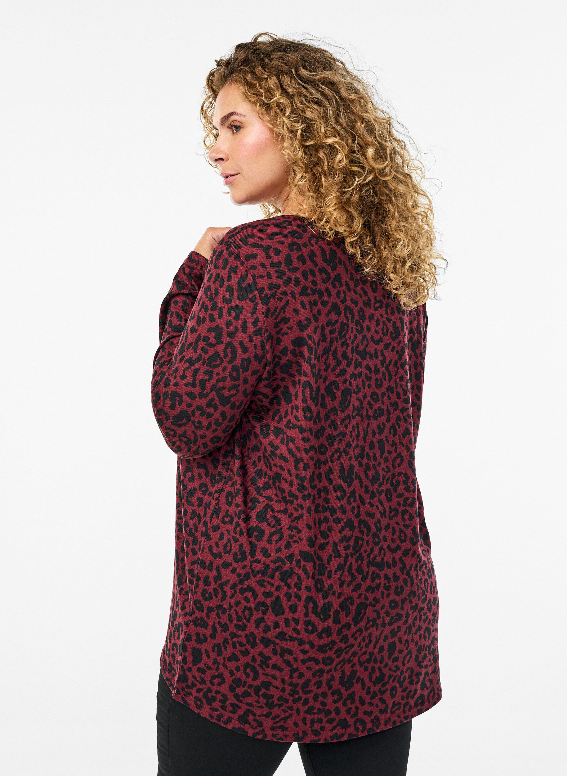 ZizziLuipaardprint blouse met lange mouwen, Donker Bordeaux, Model image number 2