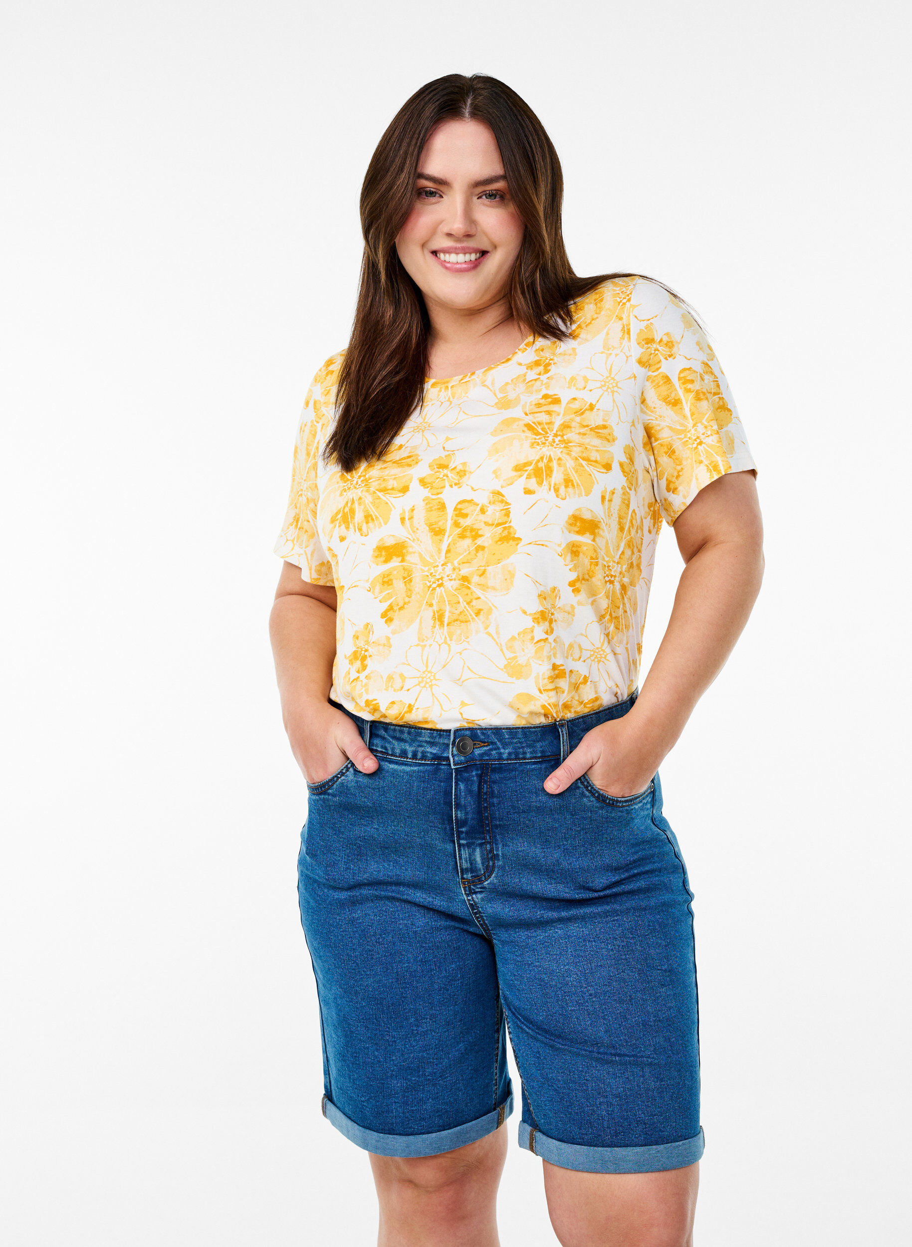 Strakzittende denim shorts met een hoge taille, Blauw, Model