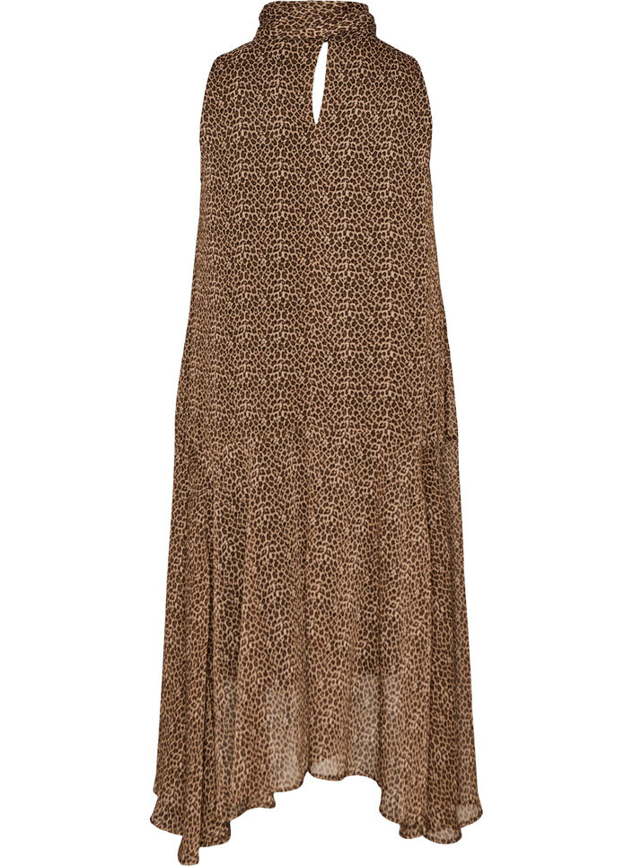 Midi jurk in chiffon met luipaardprint en een strik in de taille, Bruin, Packshot image number 1