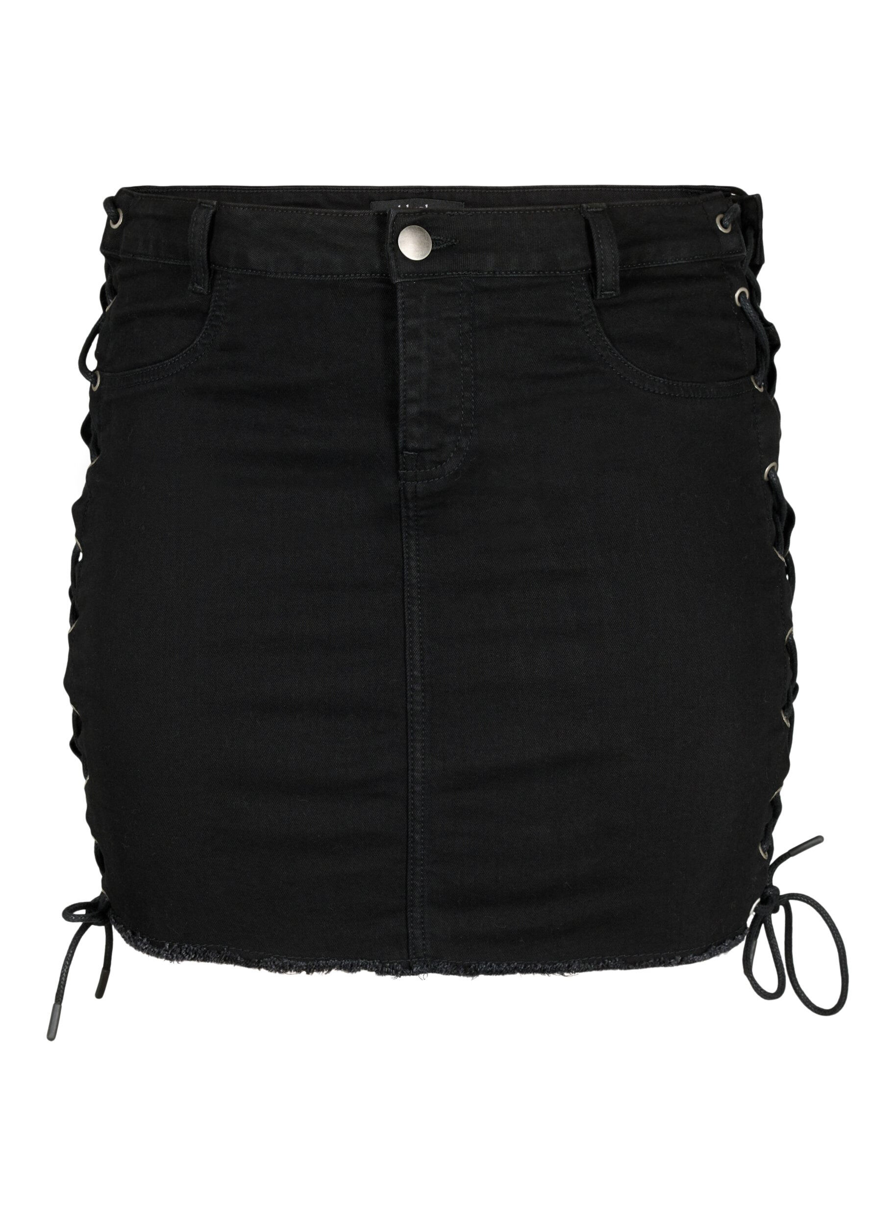 Zizzi Jupe courte en jean &agrave; lacets, Black, Packshot image number 0