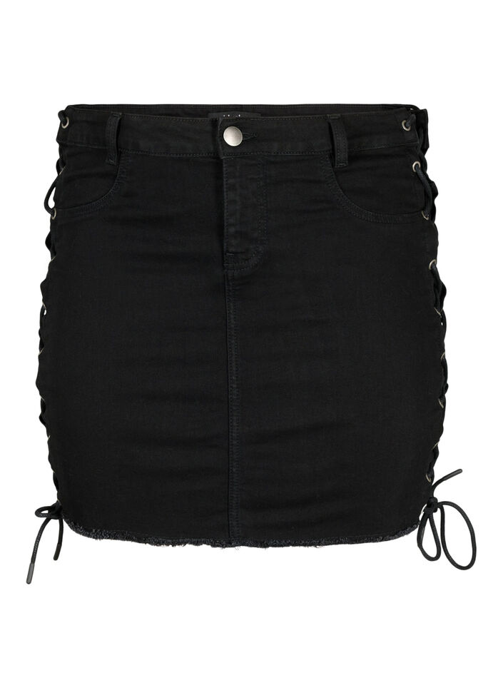 Korte denim rok met veterdetails, Black, Packshot image number 0
