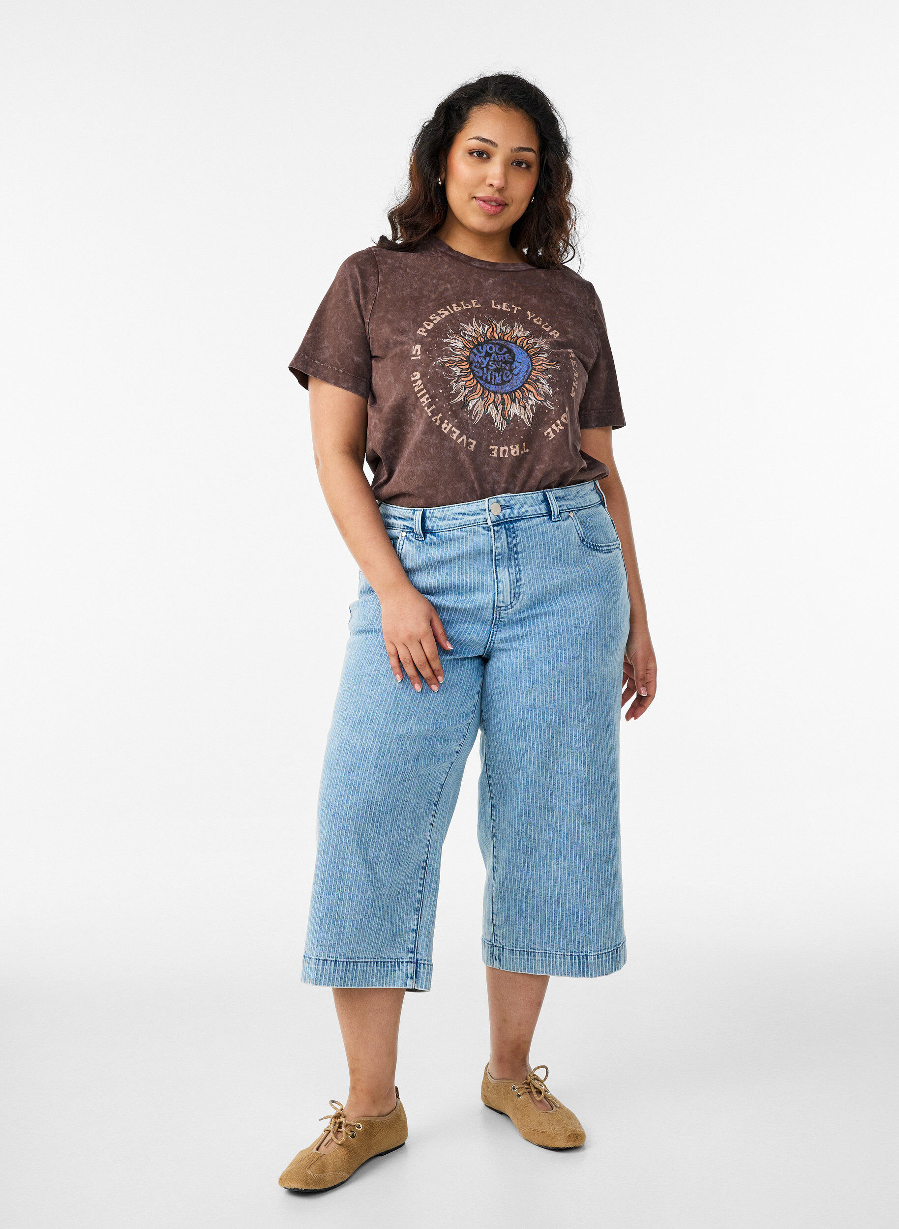 ZizziKatoenen T-shirt met print aan de voorkant, Bruin, Model image number 1