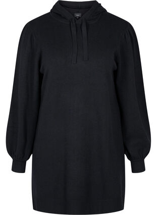 Robe en maille à capuche et manches bouffantes, Black, Packshot image number 0