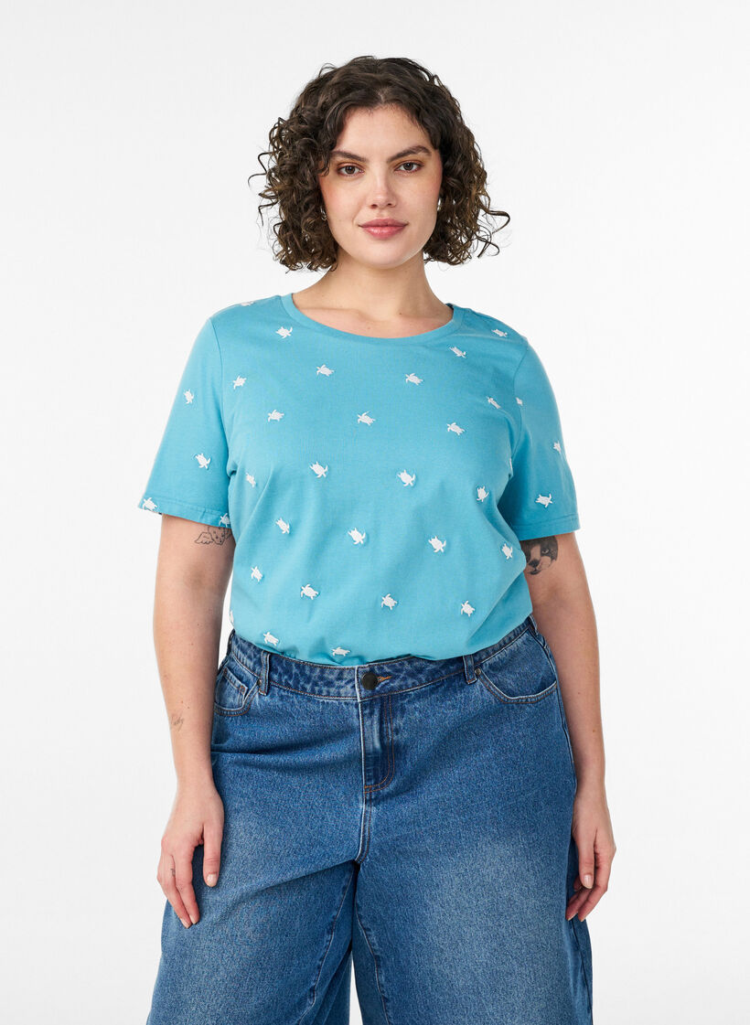 T-shirt in biologisch katoen met geborduurde motieven, Blauw, Model image number 0