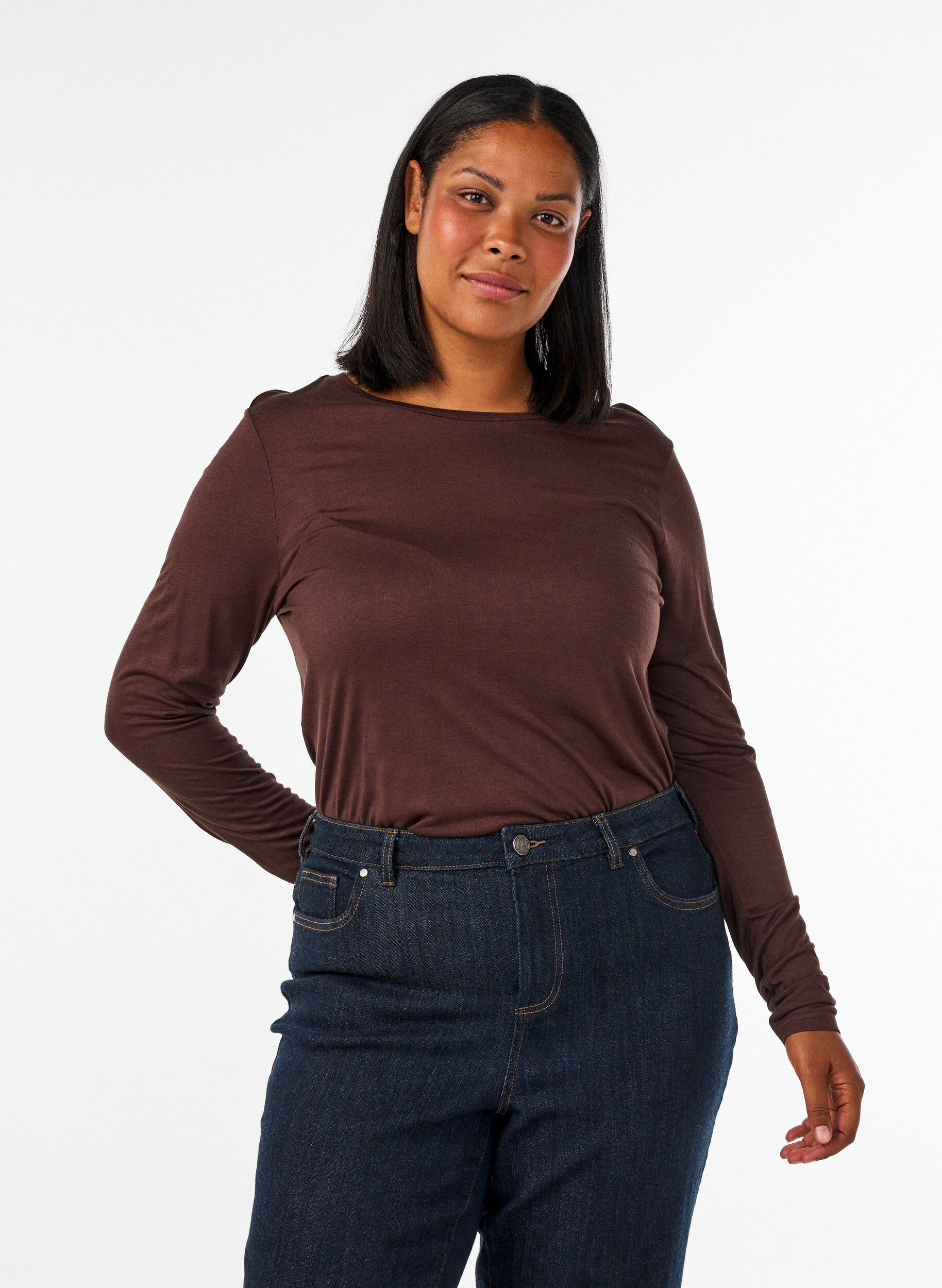ZizziBlouse met lange mouwen van wol en viscose, Bruin, Model image number 0