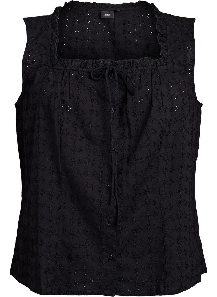 Mouwloze blouse met broderie anglaise en ruches, Zwart, Packshot image number 0