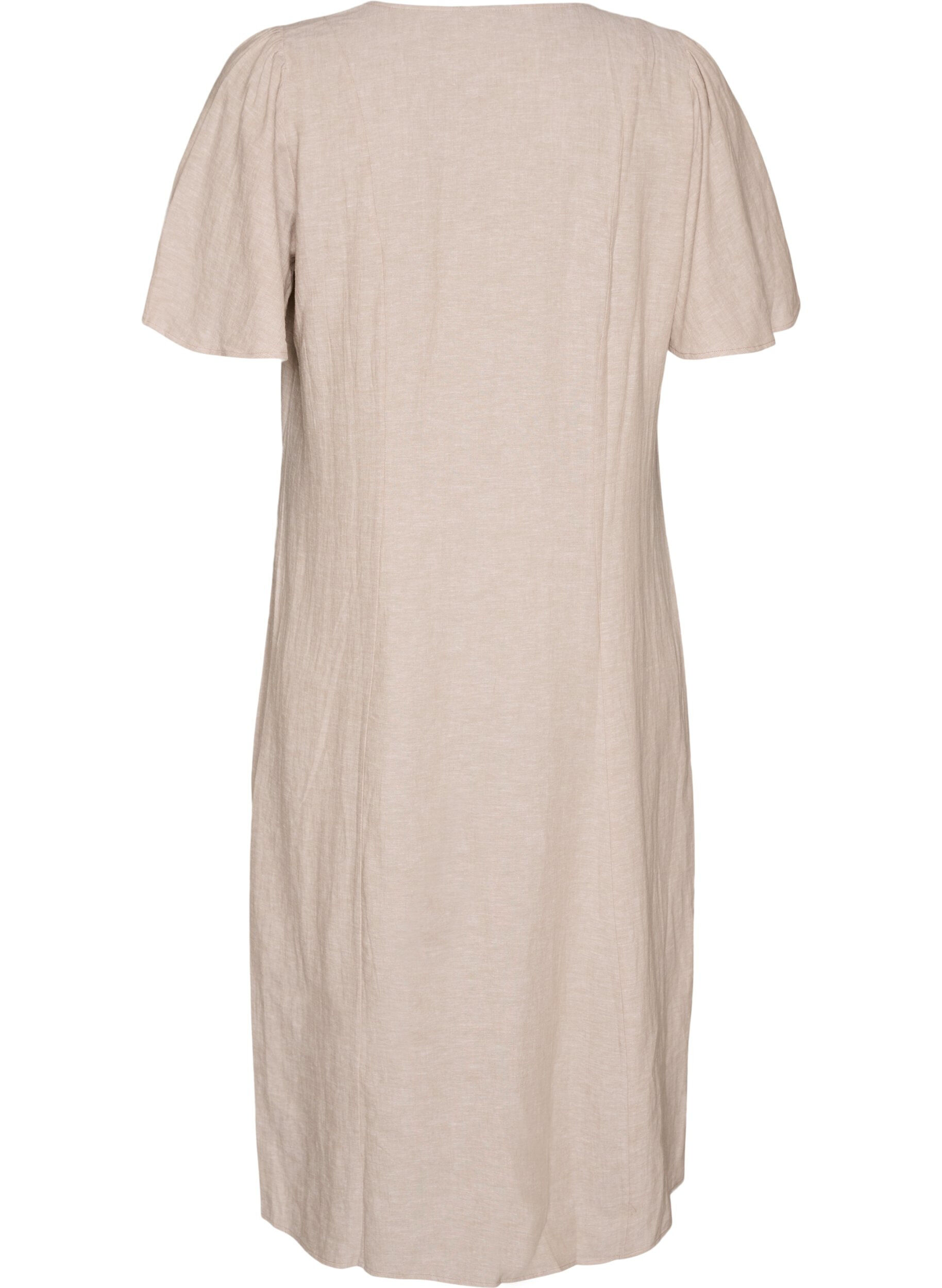 Zizzi Robe midi en lin et viscose avec manches &agrave; volants, Beige, Packshot image number 1