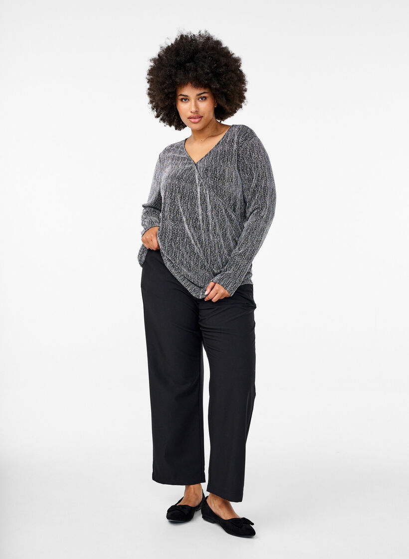 Wikkel-look glitter partytop, Zwart, Model image number 1