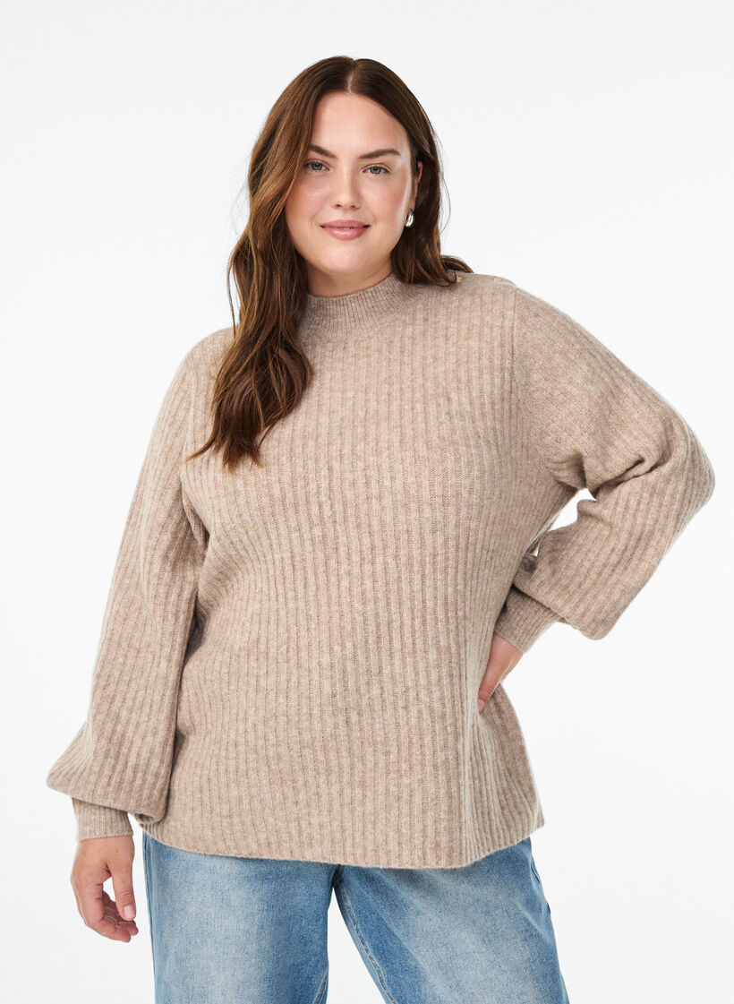 Pull c&ocirc;tel&eacute; &agrave; manches bouffantes et boutons, Beige, Model image number 0