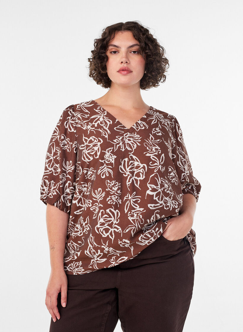 Viscose blouse met V-hals, Bruin, Image image number 0