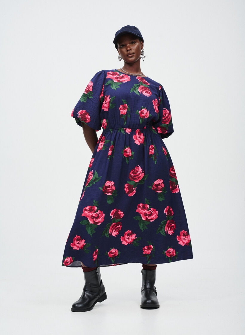 Midi-jurk met rozenprint en korte ballonmouwen, Blauw, Image image number 0