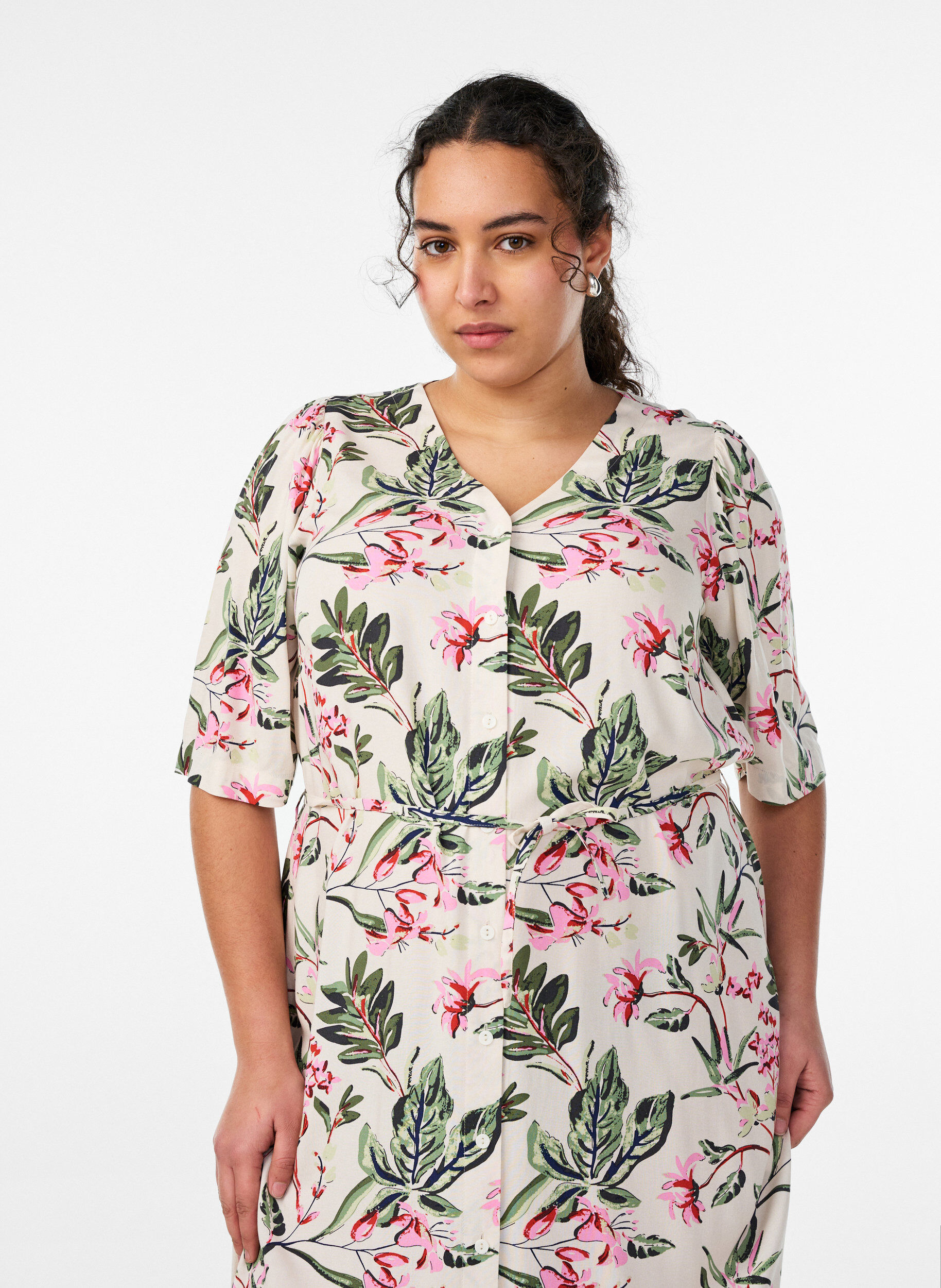 ZizziMidijurk met print en strikceintuur, Vanille, Model image number 2